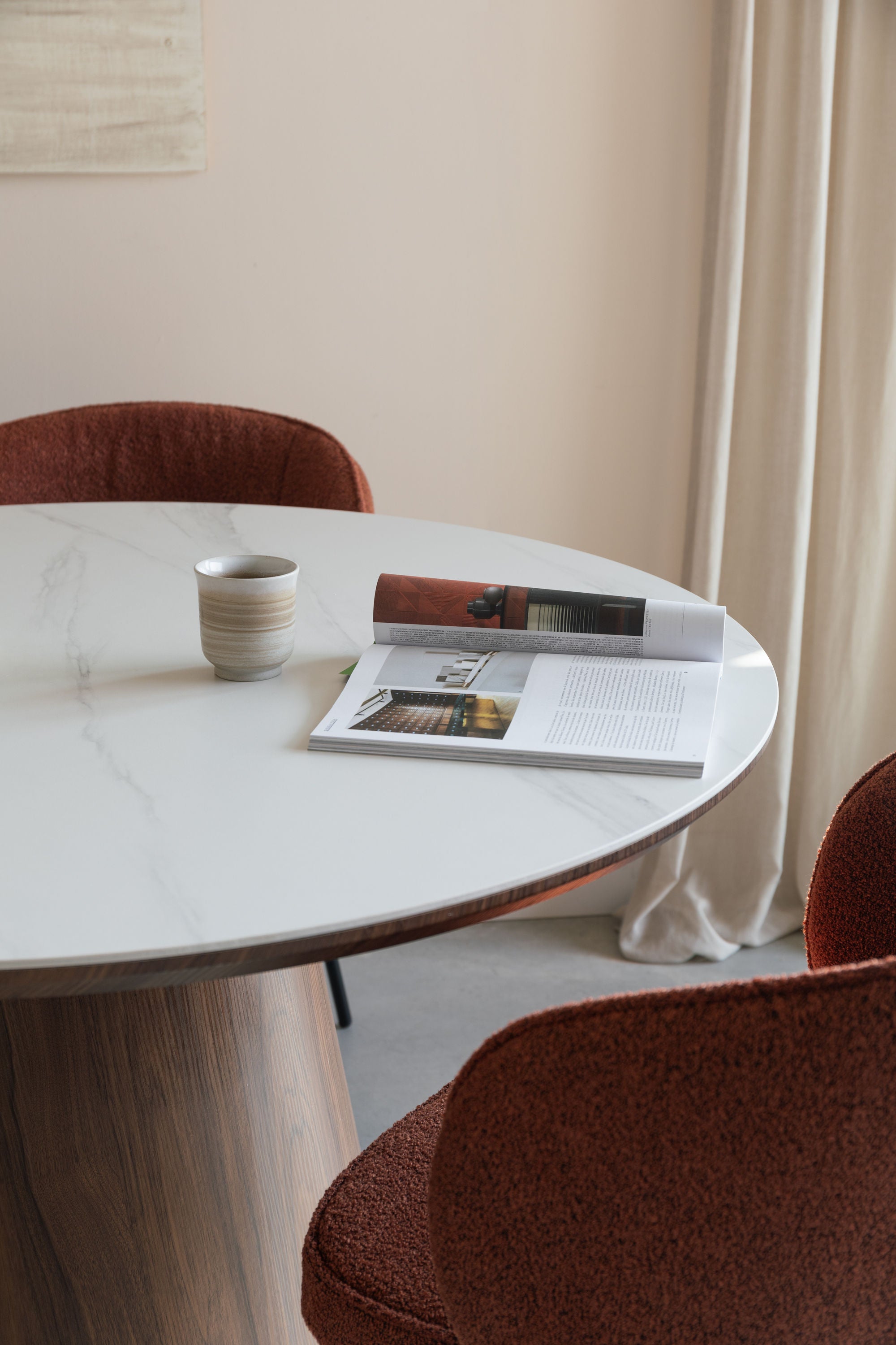 Almira Walnut Brown Oak Wood & White Marble Oval Dining Table 200cm